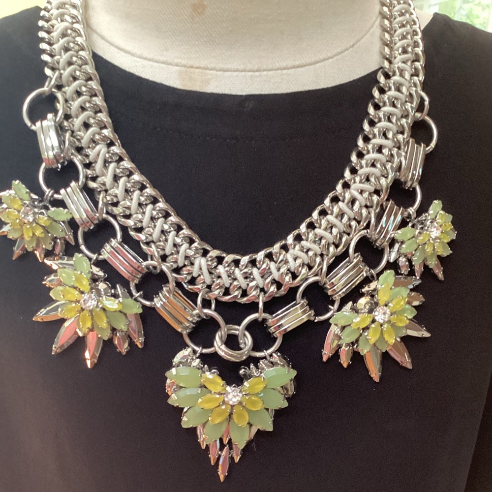 BCBGMAXAZRIA Silver MultiColored Stone Leather Cord Chunky Crystal Necklace